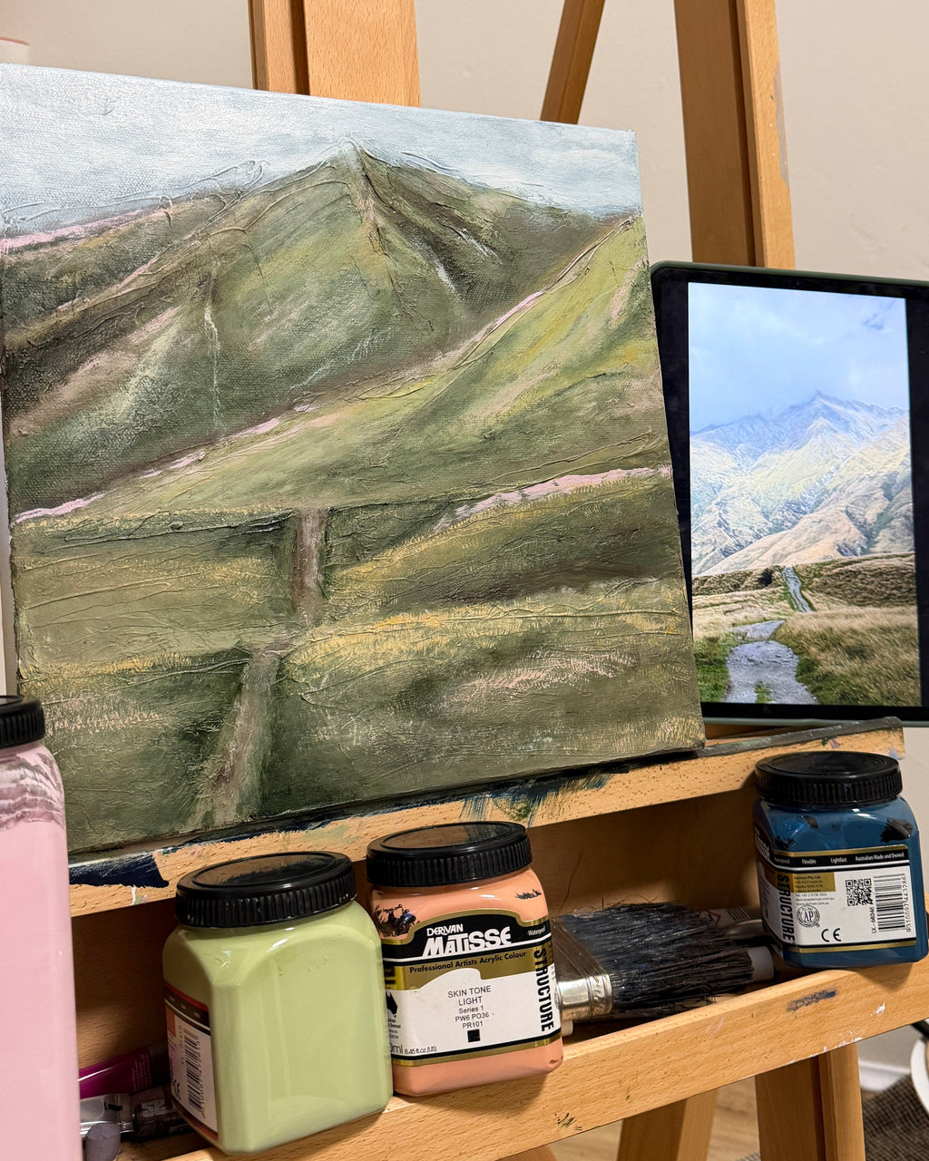 In progress painting, textured brushwork in the Shark Tooth landscape print.