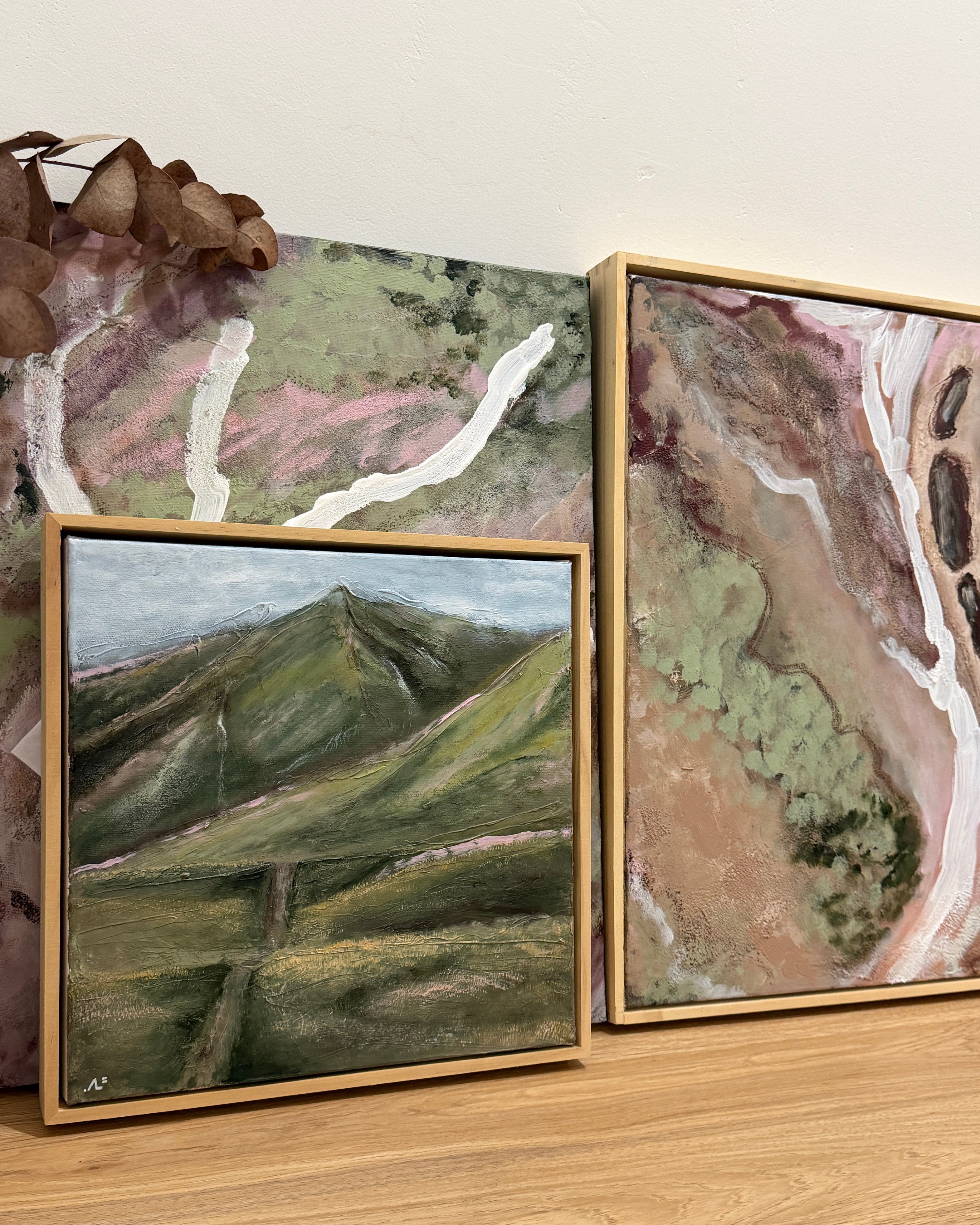 Framed original landscape and abstract paintings by Ally McCann, available as prints.