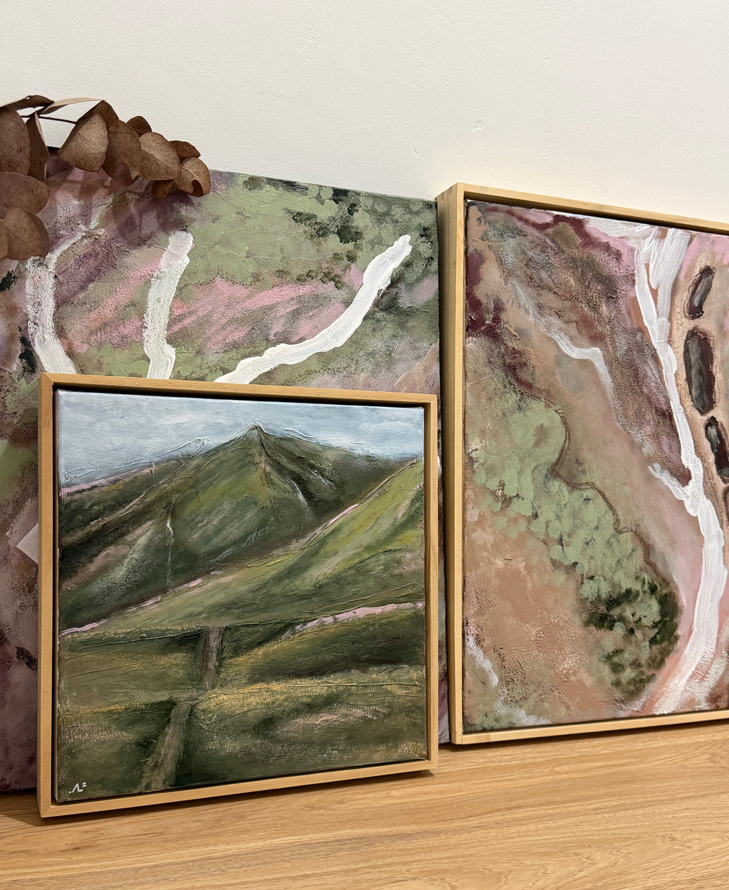 Shark Tooth, a textured acrylic landscape print of a mountain in New Zealand, with green rolling hills and a soft sky.