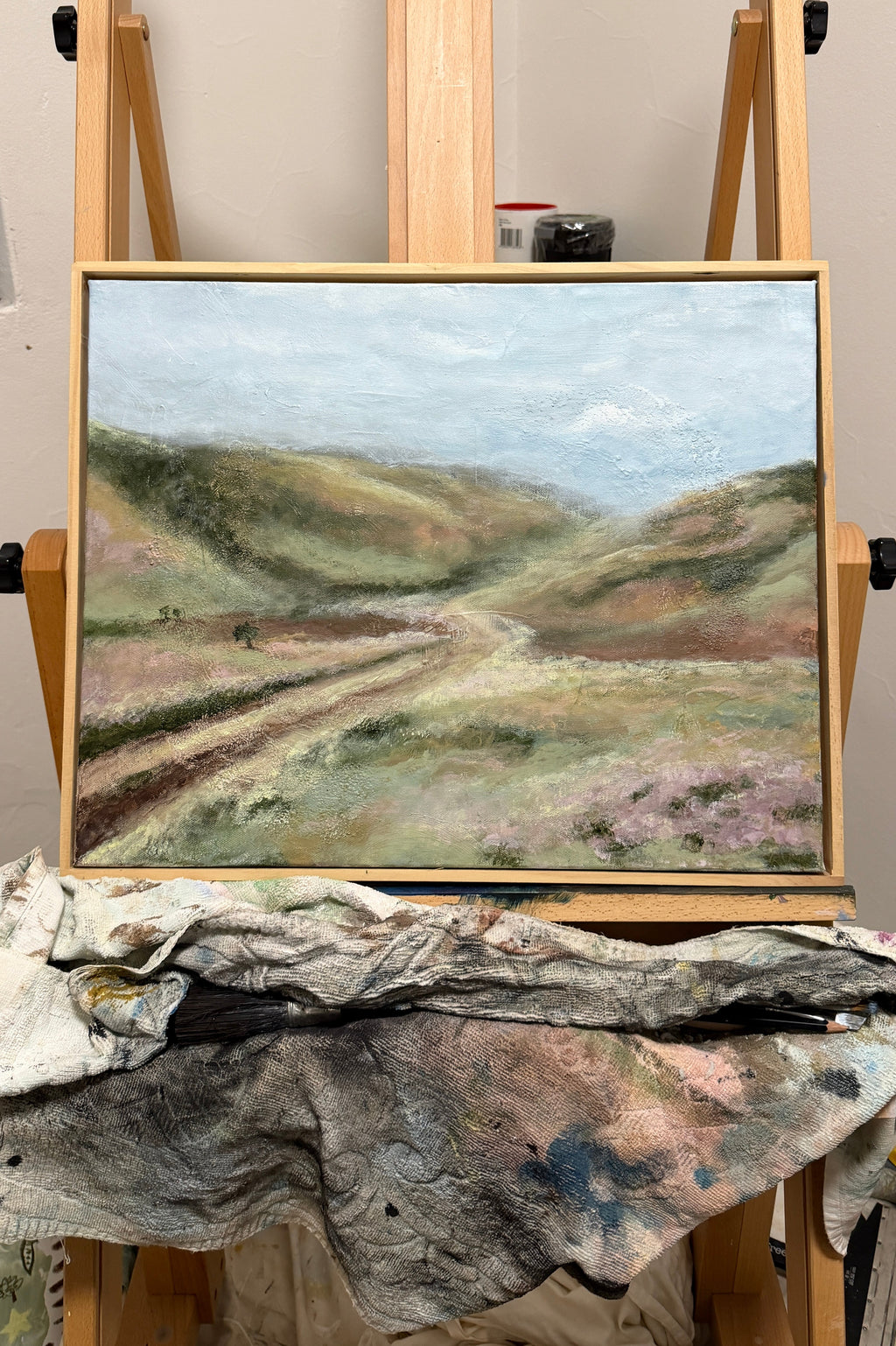 A Walk in Wales, a textured acrylic landscape painting of the Brecon Beacons, with rolling hills, a dry stone wall and moody winter sky.